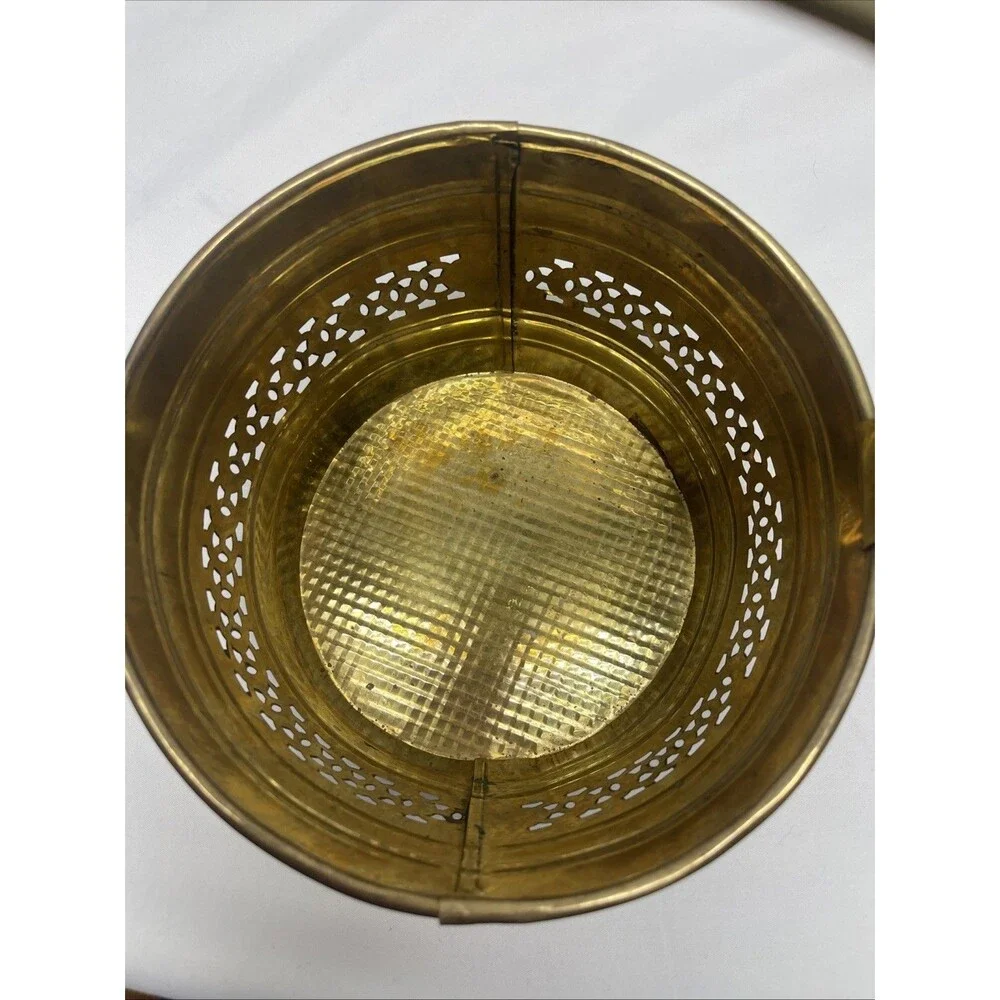 Vintage Solid Brass Pierced Basket Handle Decorative Ornate Planter Round India